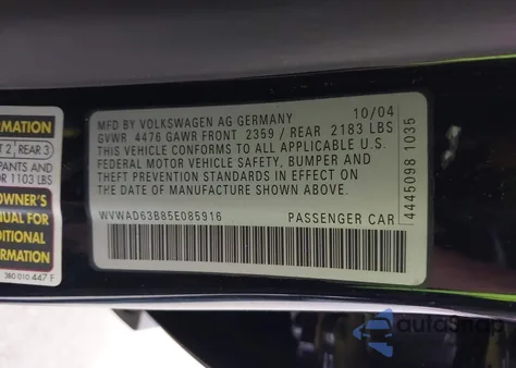 2005 Volkswagen Passat Gls 1.8T from USA, damaged, VIN WVWAD63B85E085916